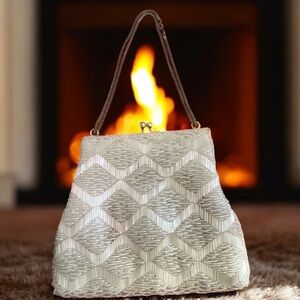 Vintage Beaded Evening Bag White Pearl Beads Clutch Purse Gold Frame Shoulder‎